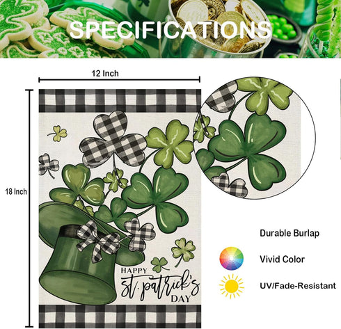 Happy St Patricks Day Garden Flags for Outside Decoration, Buffalo Plaid with lucky Shamrock Hat Small Yard Flag, Seasonal Irish Celebration Farmh...