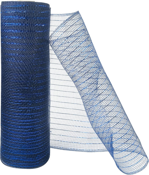 2 Rolls Navy Blue Deco Mesh Ribbon with Blue Foil Wire10 in x 30 ft,Metallic Poly Mesh Ribbon Rolls for DIY Wreath Supplies Ribbon for Christmas T...