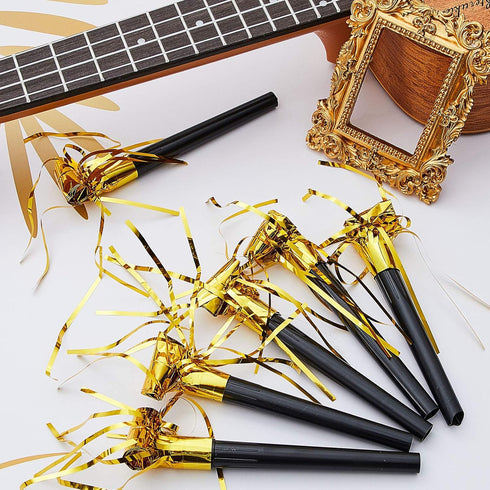 Skylety 18 Pcs Party Blower Noisemakers Party Squawkers Blowouts Whistles Fringed Noise Maker Gold Musical Blowouts for Halloween Christmas New Ye...