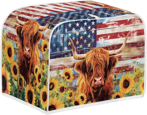 American Flag Toaster Cover 2 Slice Wide Slot, Highland Cow Sunflower Print Bread Maker Cover Toaster Covers, Washable Stain Resistant Small Appli...