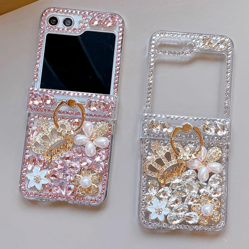 Samsung Galaxy Z Flip 5 Glitter Case with Hinge Protection Ring Holder,Cute Luxury 3D Crown Crystal Rhinestone Diamond Gems Bling Sparkle Shiny Wo...