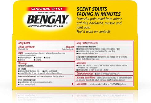 Vanishing Scent Bengay Pain Relief Gel, Non-Greasy Topical Pain Reliever with Cooling Menthol, 2 oz...