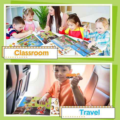 Reusable Sticker Pad Set:Vehicle and Dinosaur-Restickable Sticker Activity Playset for Kids Toddlers Boys Ages 2-4 4-8 Years. Includes Constructio...