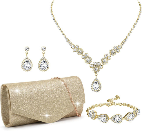 Clutch Purse Jewelry Set for Women Evening Bags Silver Gold Rhinestone Crystal Necklace Earrings Bracelet Set Formal Wedding Bridal Accessories Je...
