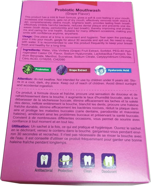 Probiotic Mouthwash Removes Tooth Stains Soft Cool Mouth Feeling Protect Clean Deodorant Teeth 0.11fl.oz X 20pcs (Grape - Repair Gums & Fresh Brea...