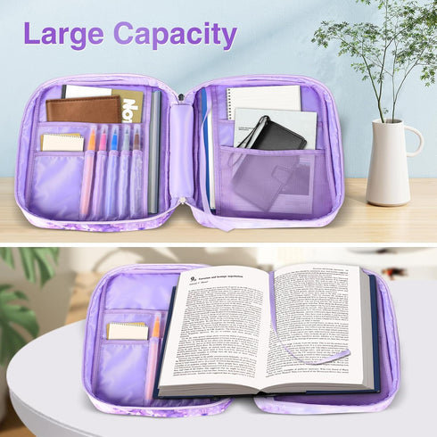 Waterproof Thick Bible Cover Case for Women, Large 11x9x3inch Purple Floral Bible Cover with Strap Pockets Zipper for Girls, XL Study Bible Carryi...