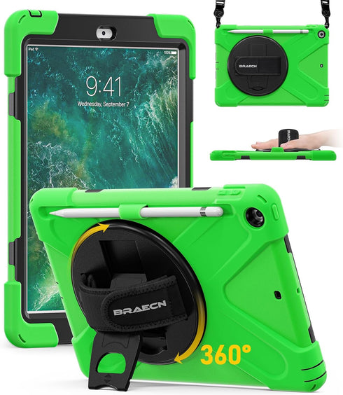 BRAECN for iPad 6th/ 5th Generation Case, Protective Shock-Proof Silicone Case with Built-in Pencil Holder, 360 Degree Rotating Stand/Handle Strap...