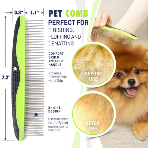 Dog & Cat Brush & Comb Pet Grooming Set - Double Side (Large) - Ultimate Deshedding Tool - Lice and Flea Removing - Perfect Groomer's Tools - Stro...