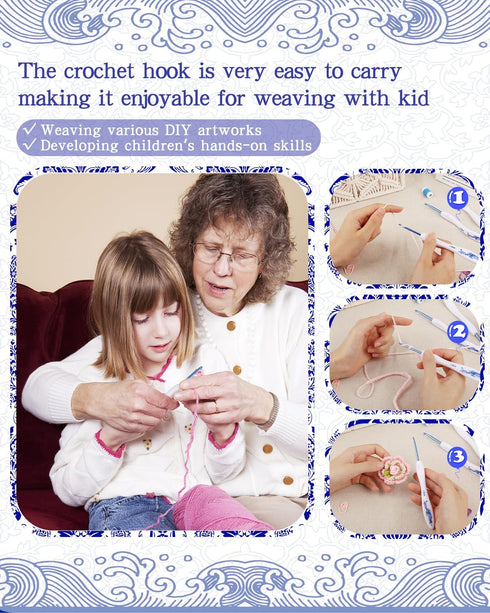 Coopay 8pcs Crochet Hook, Blue & White Porcelain Pattern Ergonomic Handle Crochet Needles for Crocheting, Anti-Slip Design and Premium Material, I...