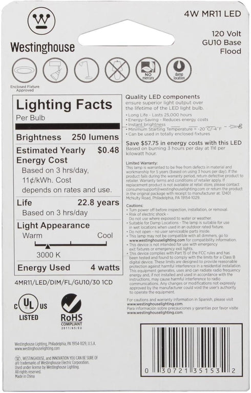 Westinghouse 3515320 25-Watt Equivalent MR11 Flood Dimmable Bright White LED Light Bulb with GU10 Base, 4 Count (Pack of 1)...