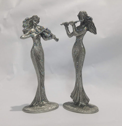SEHAMANO Set of 2 Girls Playing Violin and Flute Figurine, Metal Sculpture Accent Piece, Ornament, Old-Fashioned Decorative Object for Home, Offic...