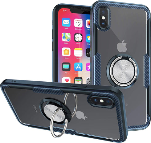 Kitoo Made in USA Designed for iPhone X/XS Max Case - Carbon Fiber Trim & Ring Stand | Anti-Yellowing | 12ft Drop Tested - Blue...