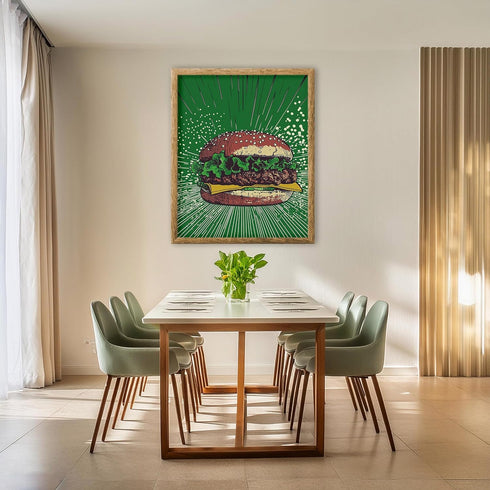 Posterizer 1 pcs-A juicy colorful hamburger-comic book inspired food art -1-Kitchen & Bar Art Art for Cafe, Restaurant, Coffee Bar - unframed wal...