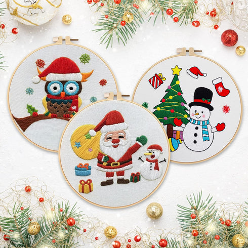 Nuberlic 3 Pc Christmas Embroidery Kit for Beginner Adults Kids with Santa Snowman Owl Patterns Stamped Cross Stitch Kits with 3 Embroidery Hoops ...