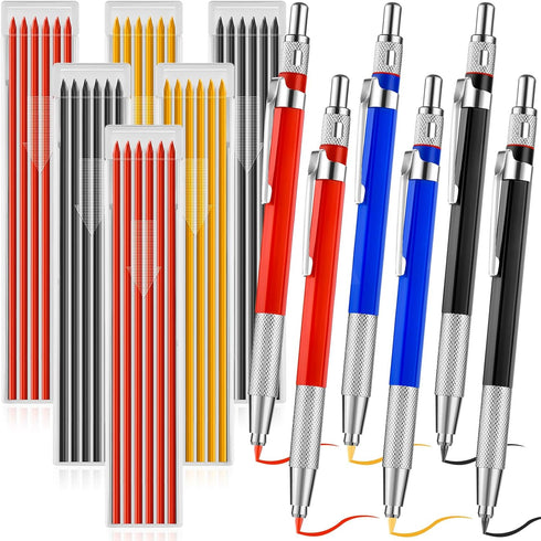 12 Pcs Welders Pencil with 36Pcs Silver Round Refills, Mechanical Pencils Metal Marker with Built-in Sharpener for Pipe Fitter Welder Steel Constr...