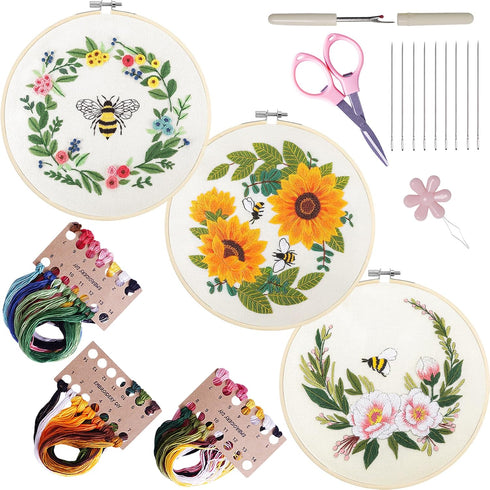 3 Sets of Full Range Embroidery Kits for Adults, Stamped Embroidery kit Include Stamped Embroidery Cloth with Floral Pattern, Embroidery Hoops, Co...