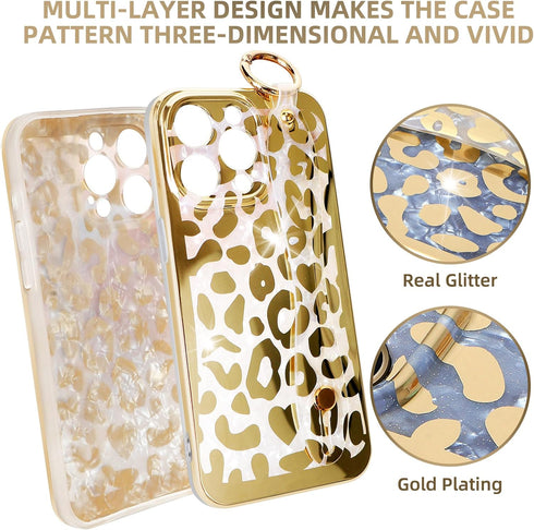 for iPhone 13 Pro Wrist Band Kickstand Cover Case Cheetah Print Ultra Slim IMD Shockproof Protection Holder Cover Case for Apple iPhone 13 Pro 6.1...