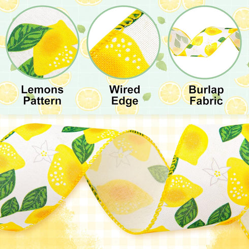 Whaline 30 Yard Summer Lemon Wired Edge Burlap Ribbon 6 Roll Yellow Lemon Buffalo Check Plaid Stripe Dots Pattern Ribbon Fabric Decorative Craft R...