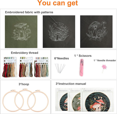 Myfelicity 3 sets Mushroom Embroidery kit, Adult Beginner DIY Needle kit,Art Craft Handy Sewing Set......