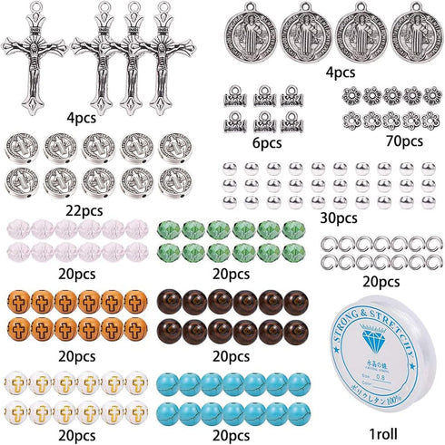 SUNNYCLUE 1 Box 276Pcs Rosary Cross Charms Round Cross Beads Beading Bracelets Making Kit DIY Synthetic Turquoise Beaded Adjustable Stretch Rosary...