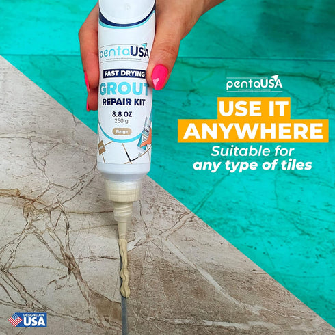 PentaUSA Tile Grout Repair Kit - Beige Grout Filler, Triple Protection, Fast Drying Formula Restores and Renews Grout Lines with Grout Float (Beig...