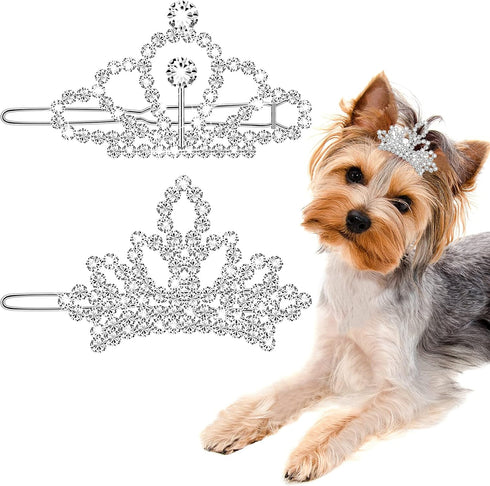 MTLEE 2 Pieces Dog Tiara Crown Hair Clips Clear Crystal Rhinestone Hair Barrettes Pet Crown Hair Clips Girls Puppies Barrette for Pet Dogs Groomin...