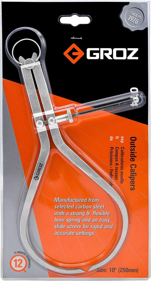 Groz 01414 10" Spring Outside Caliper, Matte Finish, with Solid Nut...