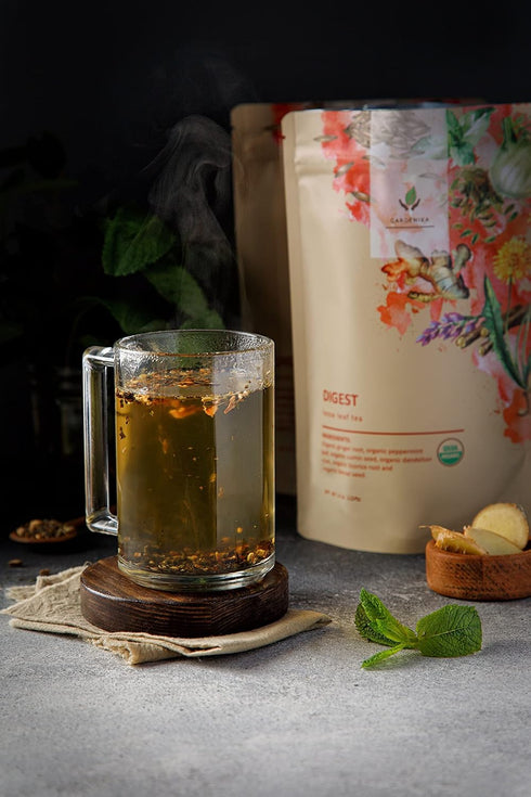 Gardenika Organic Digestive Loose Leaf Tea, Stomach Ease Herbal Caffeine-Free Leaves, Ayurvedic Blend with Dandelion Root, Ginger, Peppermint, Lic...