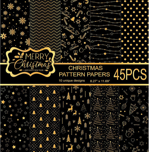 MIAHART 45 Sheets Merry Christmas Pattern Paper Set 10 Designs Festival Decorative Craft Paper Double-Sided for Card Making Scrapbook, A4 Size-Bla...
