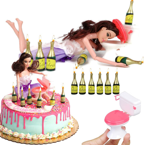 Happy 21st Birthday Cake Topper Decorations For Her With Mini Liquor Wine Bottle Candles, Toilet & Jointed Doll | 21st Birthday Decoration Party S...