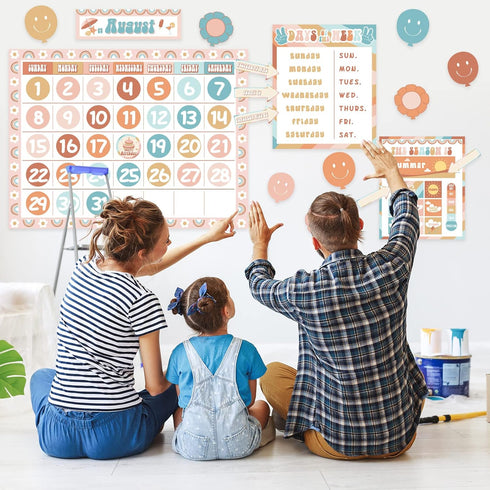Groovy Calendar Bulletin Board Set Decorations Retro Hippie Calendar Seasons Weather Chart CTP Bulletin Board Paper-Cuts Boho Hippie Wall Decals f...