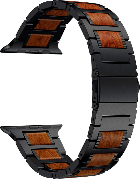 Compatible for Apple Watch 49mm 45mm 44mm 42mm Bands, Red Sandalwood Wood Stainless Steel Replacement Wrist Strap for Apple Watch Ultra & SE Serie...