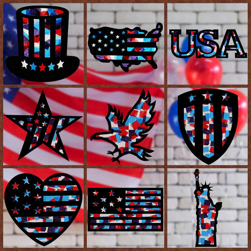 18 Pieces 4th of July Patriotic Suncatcher Paper Kit for Window, Stained Glass Effect Paper Suncatchers Window Door Art Classroom DIY Crafts Patri...