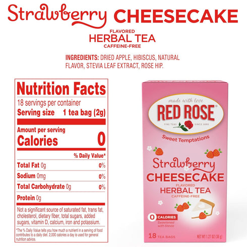 Red Rose Sweet Temptations Dessert Tea Strawberry Cheesecake, Zero Carbs, Zero Sugar Bursting with Flavor Caffeine-Free Delicious Beverage Herbal ...
