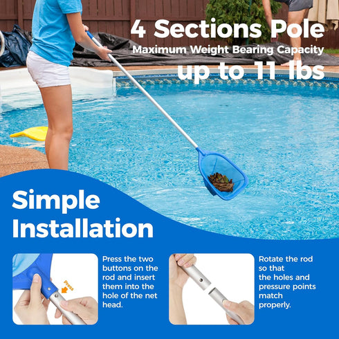 Swimming Pool Skimmer Net Total Length 57 inches, Leaf Rake Net with 4 Section Telescopic Aluminum Pole for Fast Cleaning Ponds, Hot Tub, and Spas...