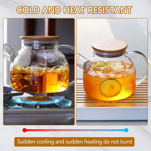 Glass Teapot Stovetop 34 OZ/1000ml, Borosilicate Clear Tea Kettle with Bamboo Lid, Teapot with detachable filter,Teapot with Removable Stainless S...