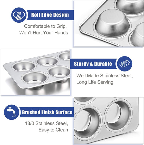 TeamFar Muffin Pan, 6 Cup Muffin Pan for Baking, Cupcake Pan Muffin Tin Tray Set Stainless Steel for Making Cakes Cornbread Quiche and More, Healt...