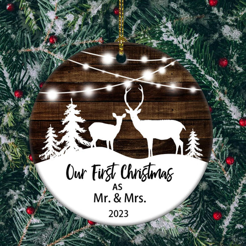 Our First Christmas as Mr & Mrs Deer Christmas 2024 Tree Ornament - Couple Newlywed (White and Brown)...