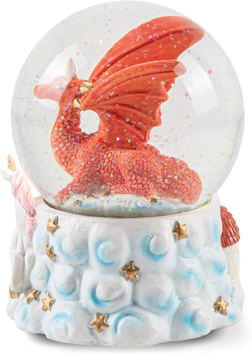 Elanze Designs Red Dragon with Unicorn Tabletop Figurine Decoration 100MM Sturdy Glitter Water Wind Up Musical Snow Globe Plays Tune Fantasie Impr...