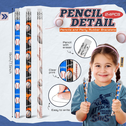Sabary 48 Pcs Sports Pencils Silicone Bracelets Set Soccer Football Basketball Baseball Wooden Pencil Rubber Wristbands for Students School Classr...