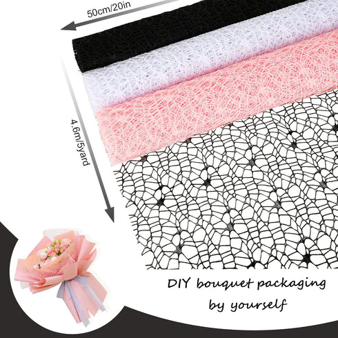 Whaline 3 Rolls Jacquard Net Mesh Openwork Floral Wrapping Paper Flowers Bouquet Paper Pink Black White Florist Packaging Paper for Wedding Birthd...