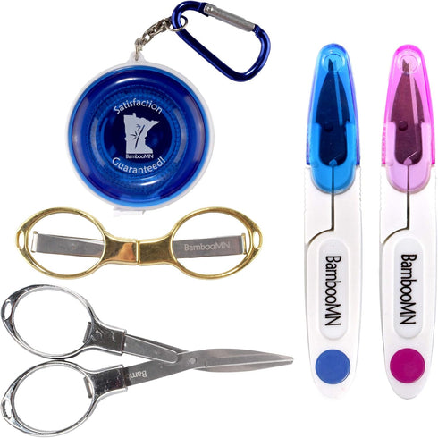 JubileeYarn Portable Travel Safety Folding Scissors Set, One Gold, One Silver, Two Thread Snips, and a Fabric Measuring Tape...