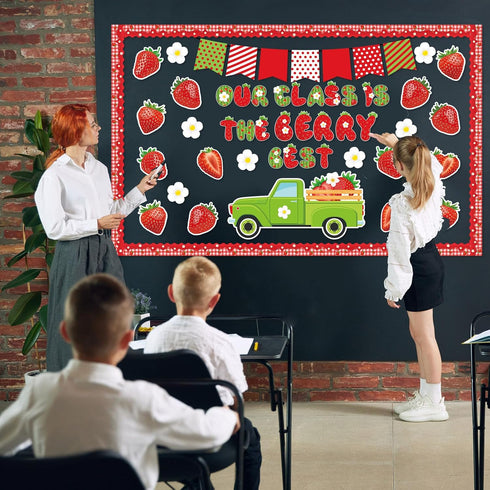 Strawberry Bulletin Board Decorations Set Red Plaid Strawberry Flower Daisy Bulletin Boards Decoration Summer Classroom Strawberry Paper Cutouts f...