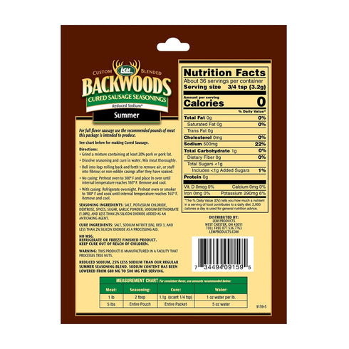 LEM Products Backwoods Reduced Sodium Summer Sausage Cured Sausage Seasoning, Ideal for Wild Game, Seasons Up to 5 Pounds of Meat, 4.1 Ounce Packe...