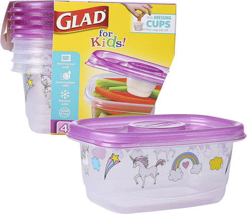 Glad for Kids GladWare Snack Containers with Unicorn Design | BPA-Free Plastic Food Storage, 24oz 4 Count with Dressing Cups | Microwave & Dishwas...