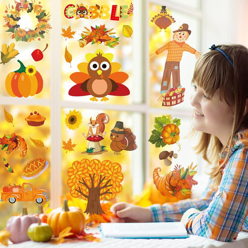 Thanksgiving Fall Window Clings Decorations, 10 Sheets Thanksgiving Window Stickers for Kids Home Office Classroom Party Glass Windows Double Side...