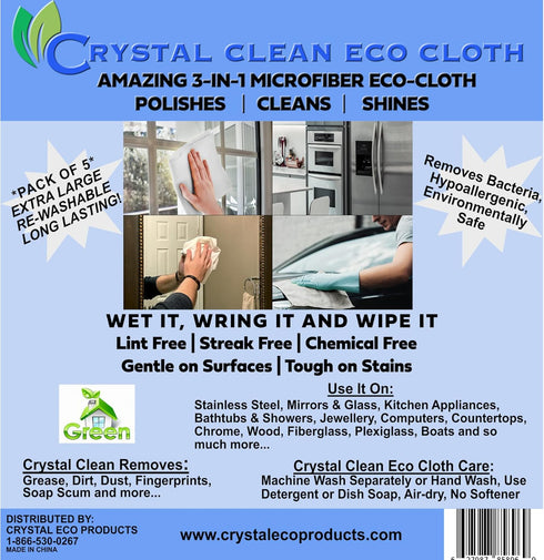 Crystal Clean Eco-Cloth Amazing Lint-Free/Streak-Free/Chemical-Free Microfiber Cloth for Windows & Glass/Mirrors Stainless Steel Appliances TV/Com...