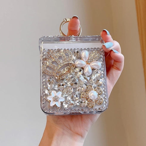 Samsung Galaxy Z Flip 5 Glitter Case with Hinge Protection Ring Holder,Cute Luxury 3D Crown Crystal Rhinestone Diamond Gems Bling Sparkle Shiny Wo...