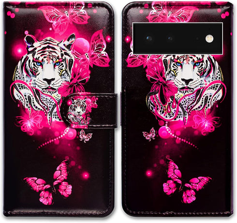 Case for Google Pixel 6, White Tiger Butterfly Leather Flip Phone Case Wallet Cover with Card Slot Holder Kickstand for Google Pixel 6...