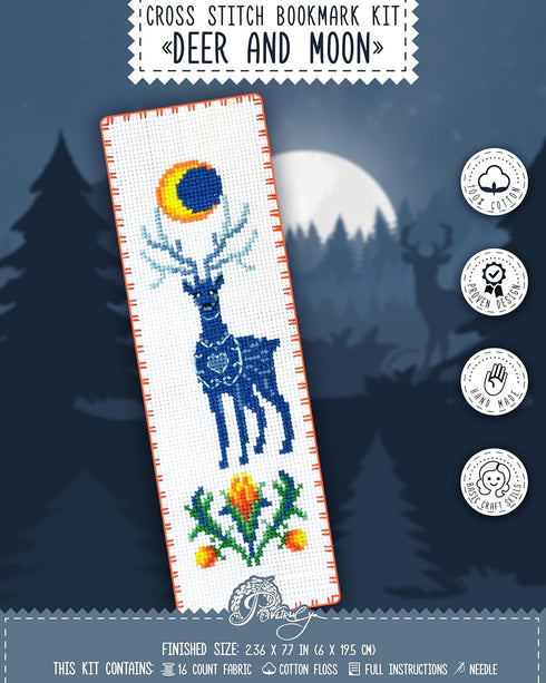 Povitrulya Stag and Moon - Counted Cross Stitch Bookmark Kit - DIY Embroidery set - Hand Made Christmas Gift for Adults and Kids...